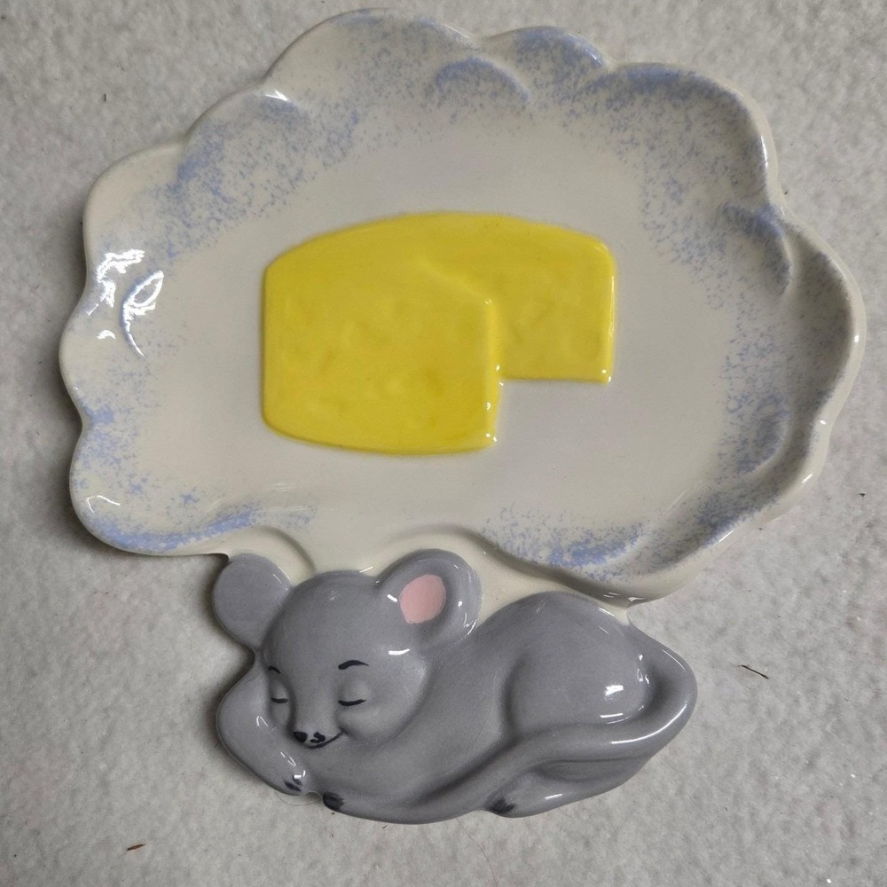 Vintage 1980s Handmade Ceramic Sleeping Mouse Dreaming Cheese Spoon Rest 7.5"